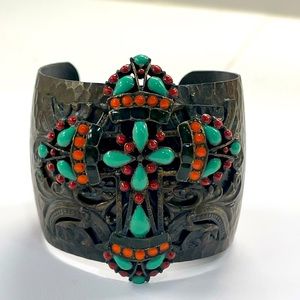 Signed OLLIPOP Brass Red Orange Green Black Enamel  CROSS Cuff Bracelet